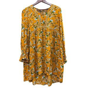 Floral Yellow Boho Dress With Lace Trim & Sleeves